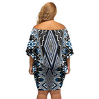 Blue Aotearoa Tukutuku and Poutama Motif Off Shoulder Short Dress