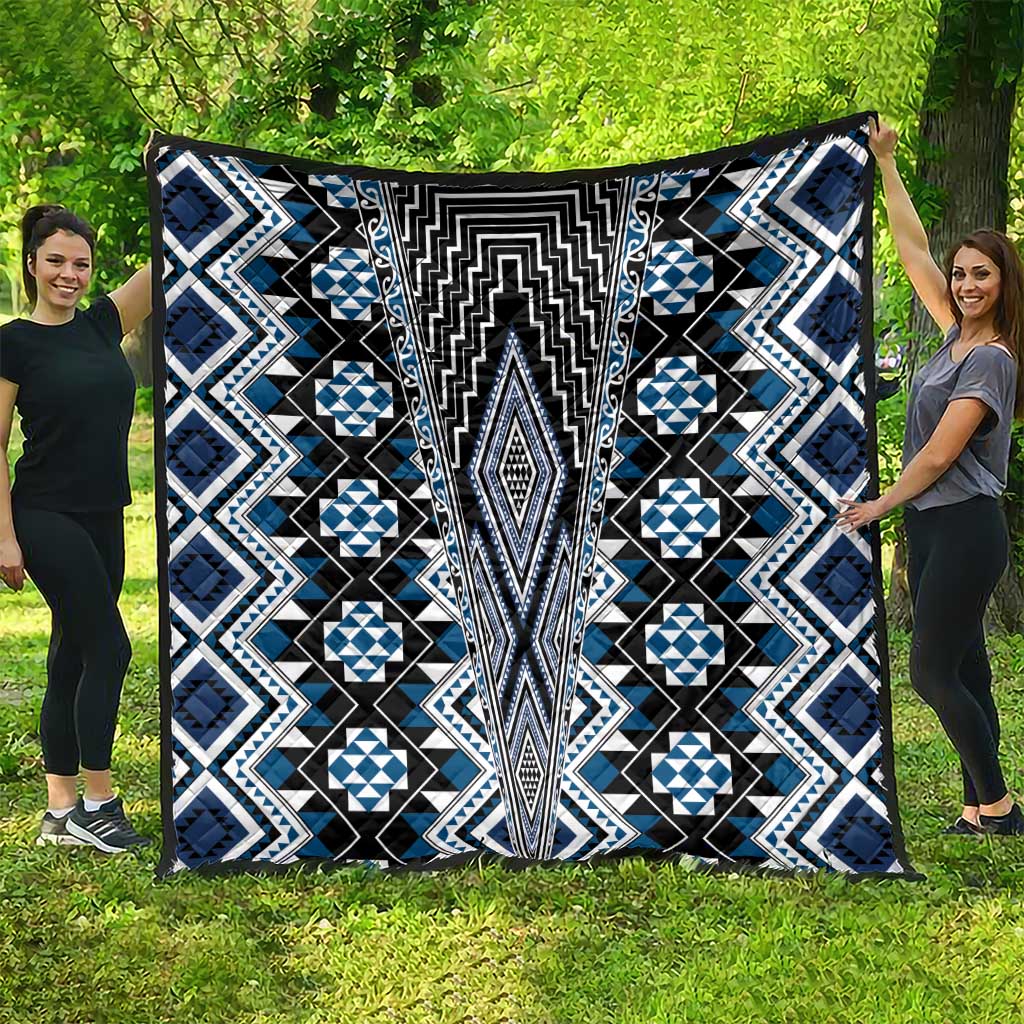 Blue Aotearoa Tukutuku and Poutama Motif Quilt