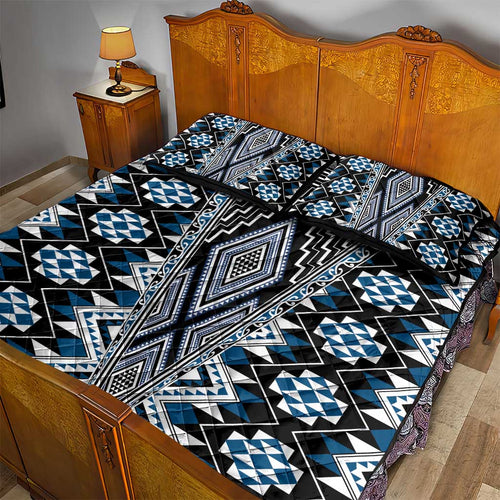 Blue Aotearoa Tukutuku and Poutama Motif Quilt Bed Set
