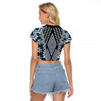 Blue Aotearoa Tukutuku and Poutama Motif Raglan Cropped T Shirt