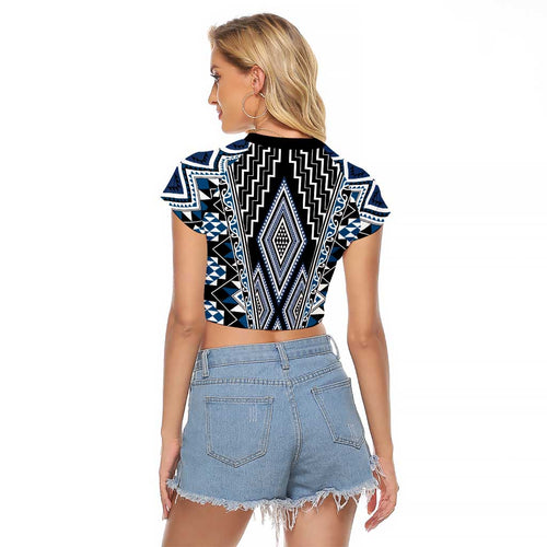 Blue Aotearoa Tukutuku and Poutama Motif Raglan Cropped T Shirt