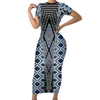 Blue Aotearoa Tukutuku and Poutama Motif Short Sleeve Bodycon Dress