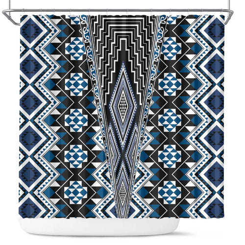 Blue Aotearoa Tukutuku and Poutama Motif Shower Curtain