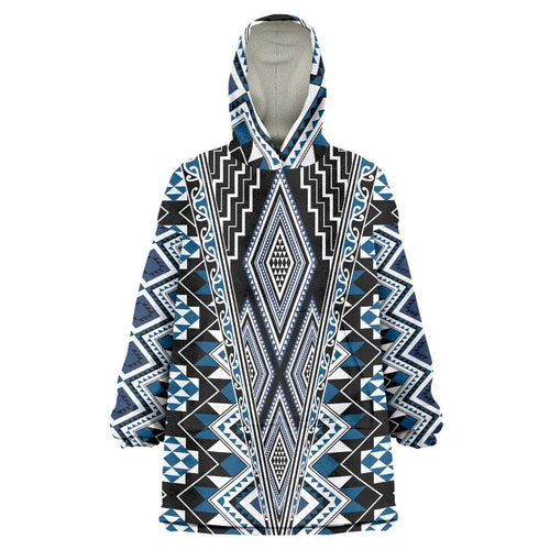 Blue Aotearoa Tukutuku and Poutama Motif Wearable Blanket Hoodie