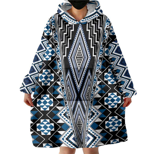 Blue Aotearoa Tukutuku and Poutama Motif Wearable Blanket Hoodie