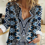 Blue Aotearoa Tukutuku and Poutama Motif Women Casual Shirt