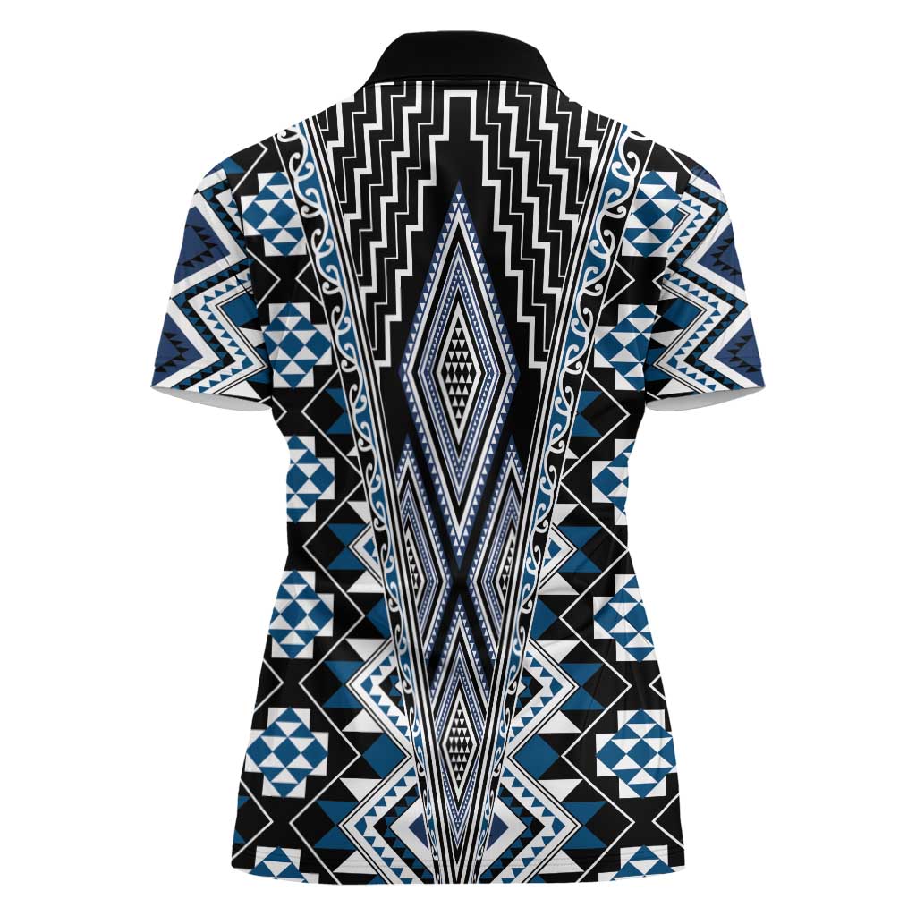 Blue Aotearoa Tukutuku and Poutama Motif Women Polo Shirt