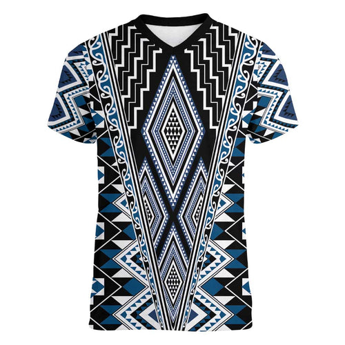 Blue Aotearoa Tukutuku and Poutama Motif Women V-Neck T-Shirt