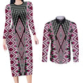 Pink Aotearoa Tukutuku and Poutama Motif Couples Matching Long Sleeve Bodycon Dress and Long Sleeve Button Shirt