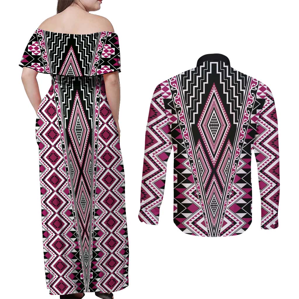 Pink Aotearoa Tukutuku and Poutama Motif Couples Matching Off Shoulder Maxi Dress and Long Sleeve Button Shirt