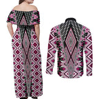 Pink Aotearoa Tukutuku and Poutama Motif Couples Matching Off Shoulder Maxi Dress and Long Sleeve Button Shirt
