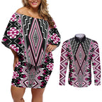Pink Aotearoa Tukutuku and Poutama Motif Couples Matching Off Shoulder Short Dress and Long Sleeve Button Shirt