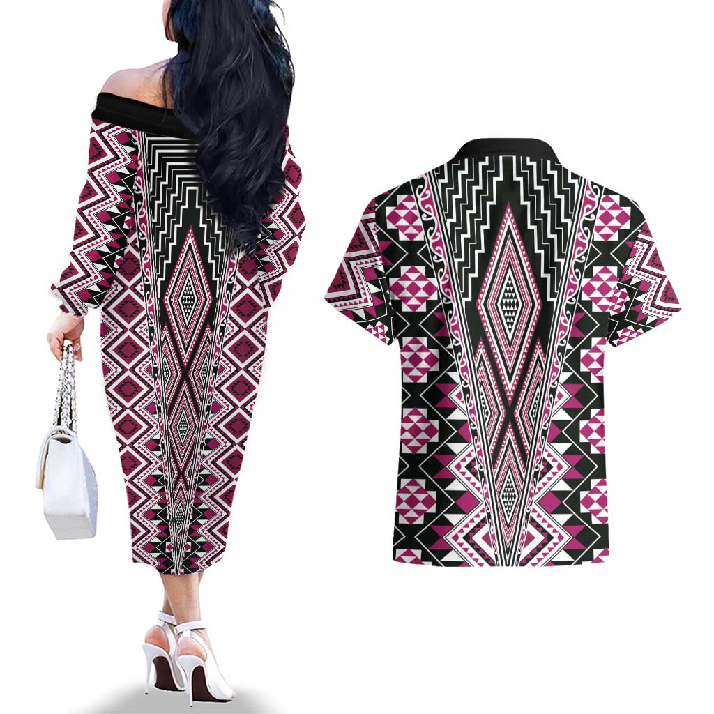 Pink Aotearoa Tukutuku and Poutama Motif Couples Matching Off The Shoulder Long Sleeve Dress and Hawaiian Shirt