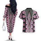 Pink Aotearoa Tukutuku and Poutama Motif Couples Matching Off The Shoulder Long Sleeve Dress and Hawaiian Shirt
