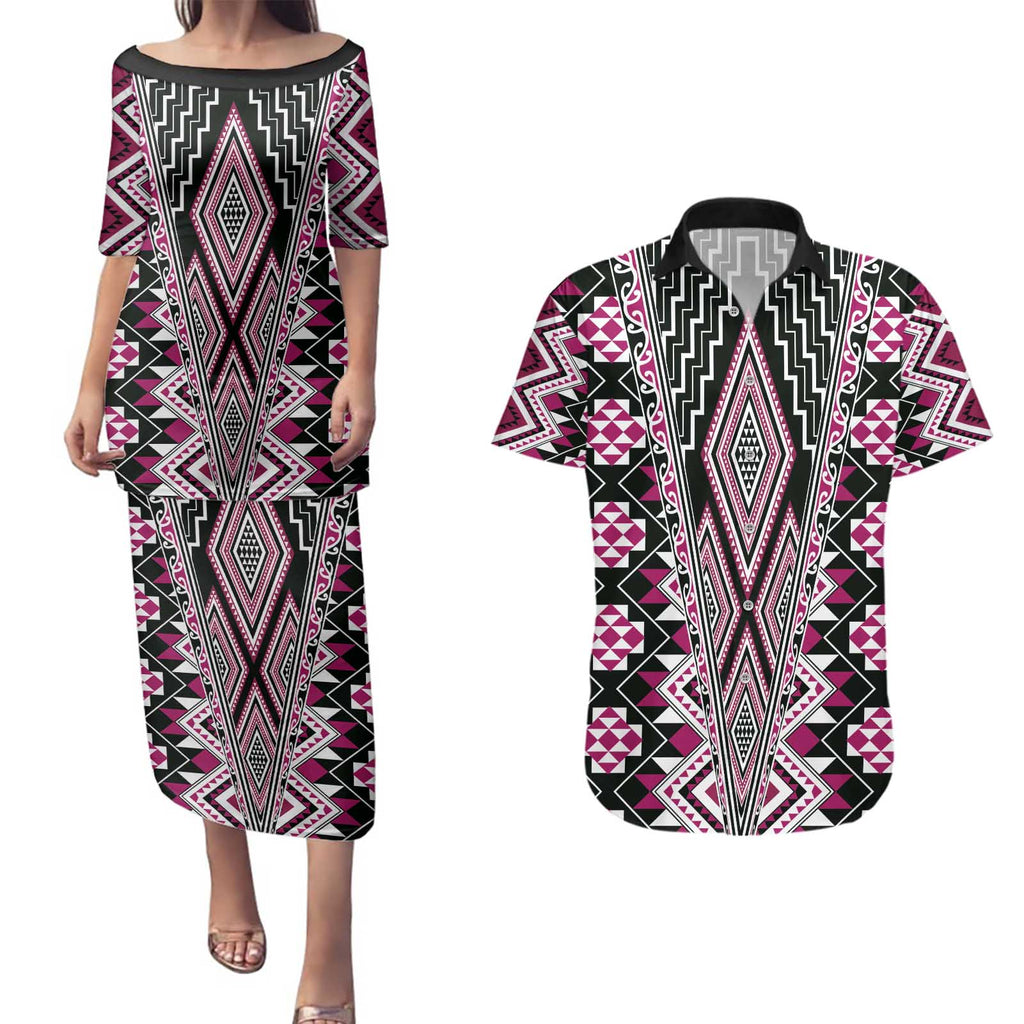 Pink Aotearoa Tukutuku and Poutama Motif Couples Matching Puletasi and Hawaiian Shirt