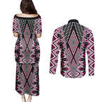 Pink Aotearoa Tukutuku and Poutama Motif Couples Matching Puletasi and Long Sleeve Button Shirt
