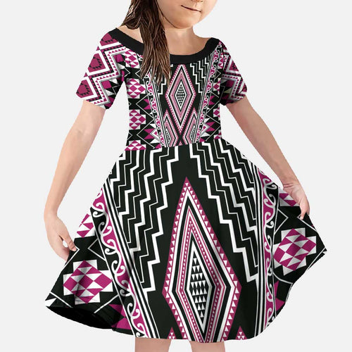 Pink Aotearoa Tukutuku and Poutama Motif Family Matching Long Sleeve Bodycon Dress and Hawaiian Shirt