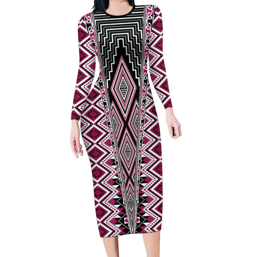 Pink Aotearoa Tukutuku and Poutama Motif Family Matching Long Sleeve Bodycon Dress and Hawaiian Shirt