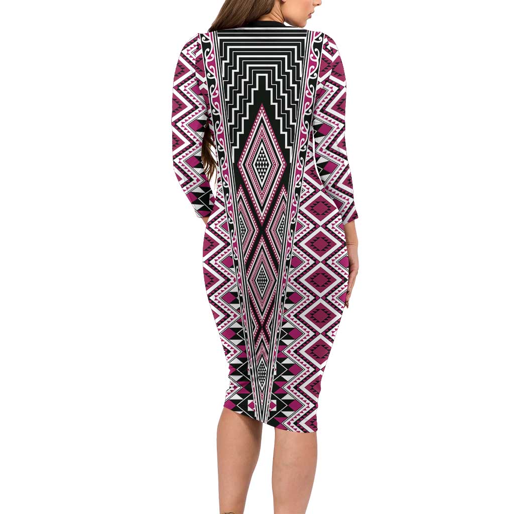 Pink Aotearoa Tukutuku and Poutama Motif Family Matching Long Sleeve Bodycon Dress and Hawaiian Shirt