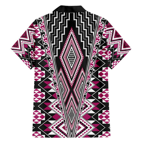 Pink Aotearoa Tukutuku and Poutama Motif Family Matching Off The Shoulder Long Sleeve Dress and Hawaiian Shirt