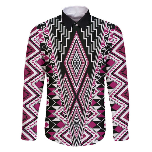 Pink Aotearoa Tukutuku and Poutama Motif Family Matching Off The Shoulder Long Sleeve Dress and Hawaiian Shirt