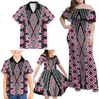 Pink Aotearoa Tukutuku and Poutama Motif Family Matching Off Shoulder Maxi Dress and Hawaiian Shirt