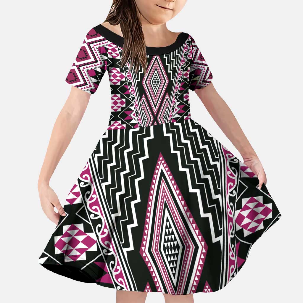 Pink Aotearoa Tukutuku and Poutama Motif Family Matching Off Shoulder Maxi Dress and Hawaiian Shirt