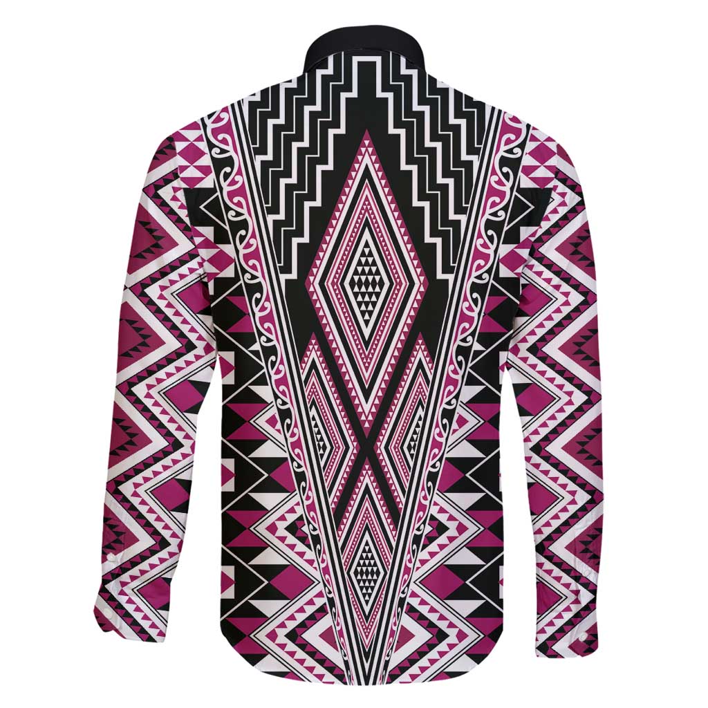 Pink Aotearoa Tukutuku and Poutama Motif Family Matching Off Shoulder Maxi Dress and Hawaiian Shirt