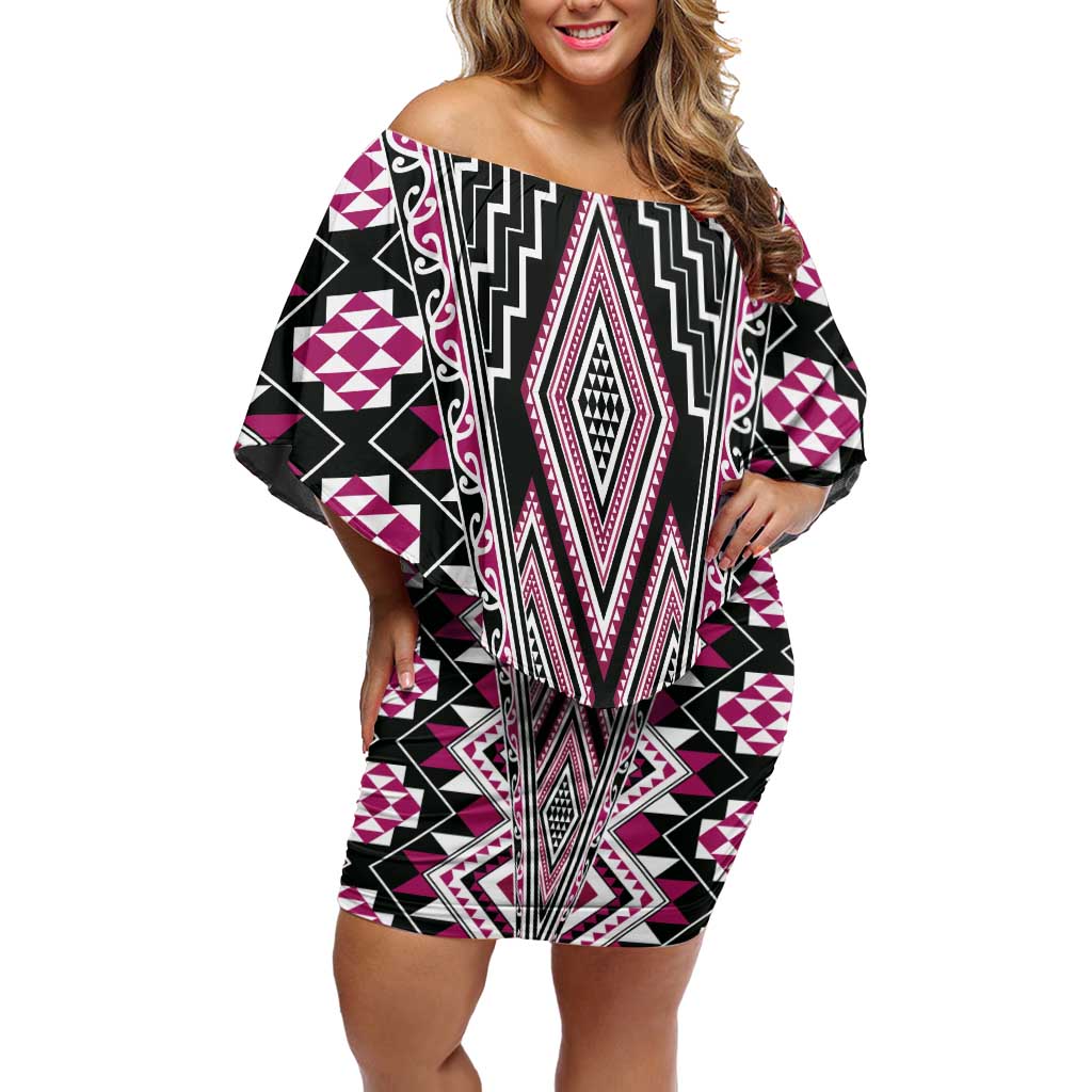 Pink Aotearoa Tukutuku and Poutama Motif Family Matching Off Shoulder Short Dress and Hawaiian Shirt