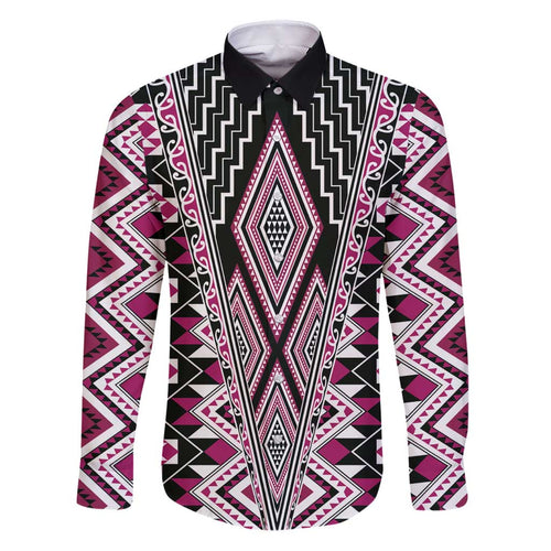 Pink Aotearoa Tukutuku and Poutama Motif Family Matching Puletasi and Hawaiian Shirt