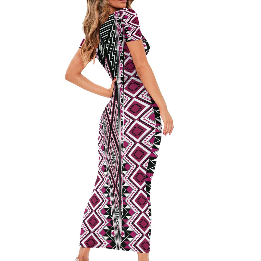 Pink Aotearoa Tukutuku and Poutama Motif Family Matching Short Sleeve Bodycon Dress and Hawaiian Shirt