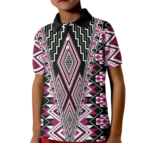 Pink Aotearoa Tukutuku and Poutama Motif Kid Polo Shirt