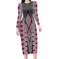 Pink Aotearoa Tukutuku and Poutama Motif Long Sleeve Bodycon Dress