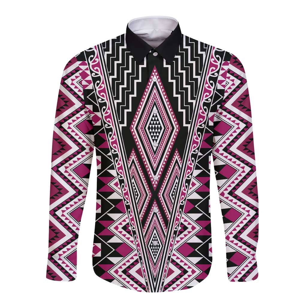 Pink Aotearoa Tukutuku and Poutama Motif Long Sleeve Button Shirt