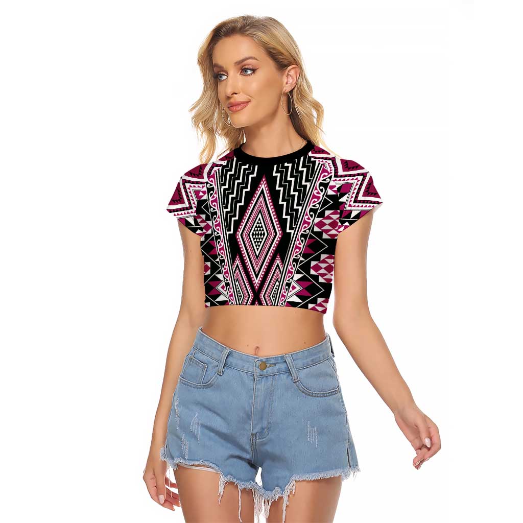 Pink Aotearoa Tukutuku and Poutama Motif Raglan Cropped T Shirt