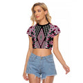 Pink Aotearoa Tukutuku and Poutama Motif Raglan Cropped T Shirt