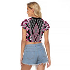 Pink Aotearoa Tukutuku and Poutama Motif Raglan Cropped T Shirt