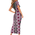 Pink Aotearoa Tukutuku and Poutama Motif Short Sleeve Bodycon Dress