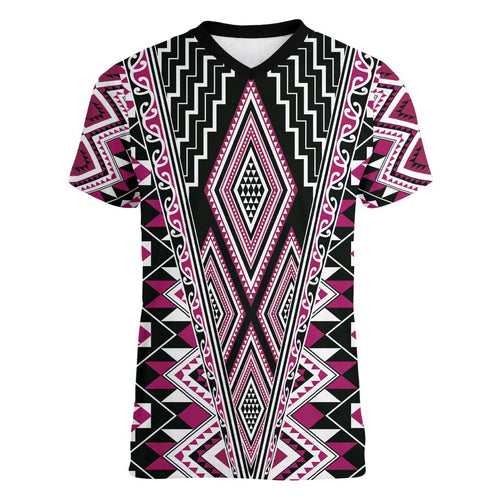 Pink Aotearoa Tukutuku and Poutama Motif Women V-Neck T-Shirt