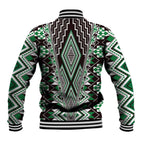 Green Aotearoa Tukutuku and Poutama Motif Baseball Jacket