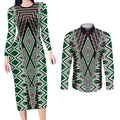 Green Aotearoa Tukutuku and Poutama Motif Couples Matching Long Sleeve Bodycon Dress and Long Sleeve Button Shirt