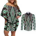 Green Aotearoa Tukutuku and Poutama Motif Couples Matching Off Shoulder Short Dress and Long Sleeve Button Shirt
