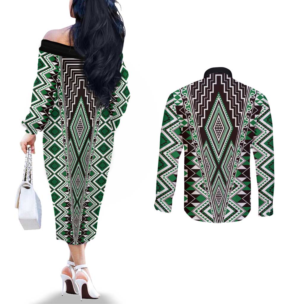 Green Aotearoa Tukutuku and Poutama Motif Couples Matching Off The Shoulder Long Sleeve Dress and Long Sleeve Button Shirt