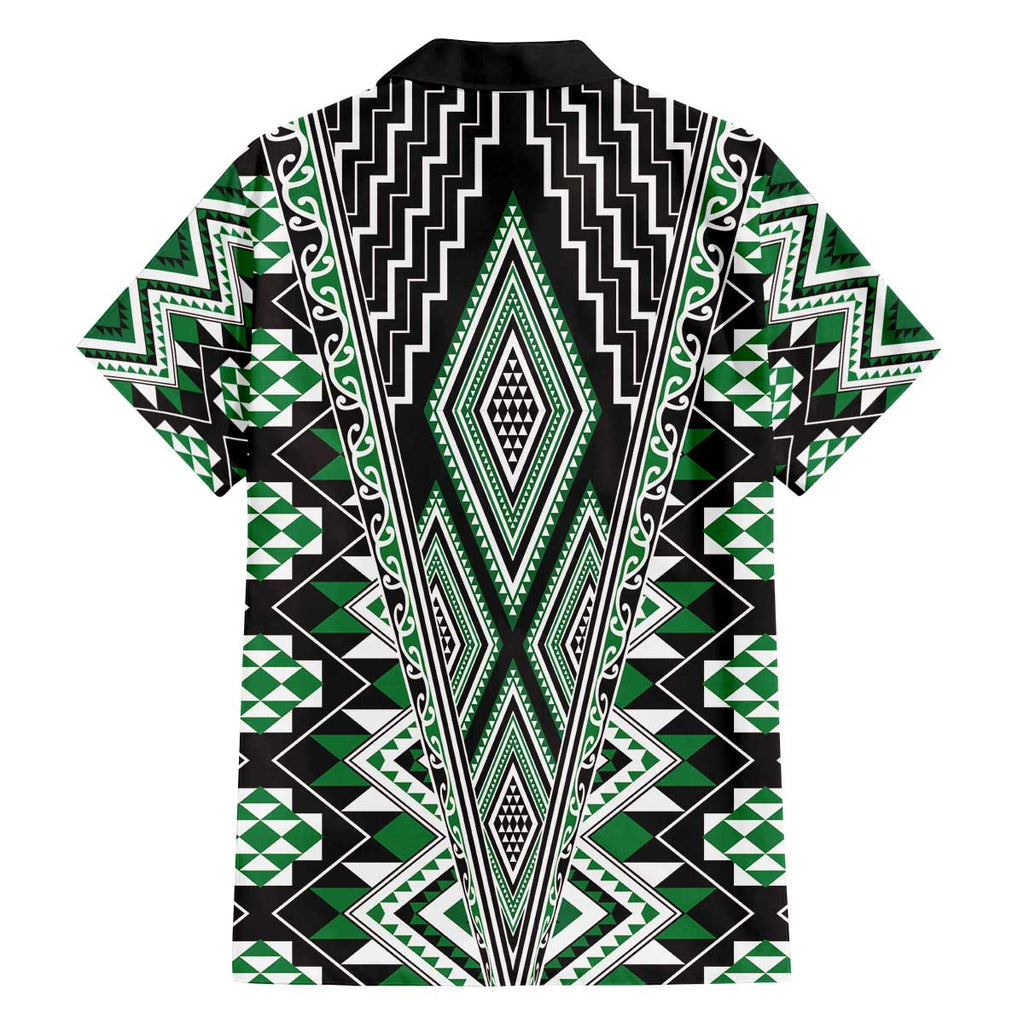 Green Aotearoa Tukutuku and Poutama Motif Family Matching Off The Shoulder Long Sleeve Dress and Hawaiian Shirt