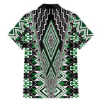 Green Aotearoa Tukutuku and Poutama Motif Family Matching Off The Shoulder Long Sleeve Dress and Hawaiian Shirt