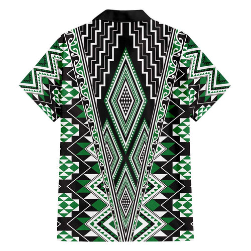 Green Aotearoa Tukutuku and Poutama Motif Family Matching Off The Shoulder Long Sleeve Dress and Hawaiian Shirt
