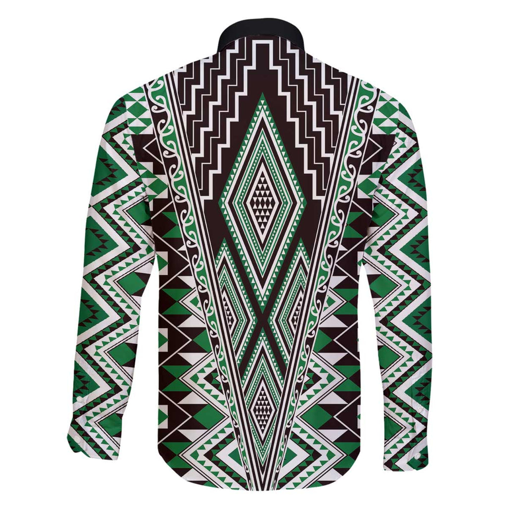 Green Aotearoa Tukutuku and Poutama Motif Family Matching Off The Shoulder Long Sleeve Dress and Hawaiian Shirt