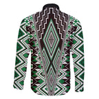 Green Aotearoa Tukutuku and Poutama Motif Family Matching Off The Shoulder Long Sleeve Dress and Hawaiian Shirt