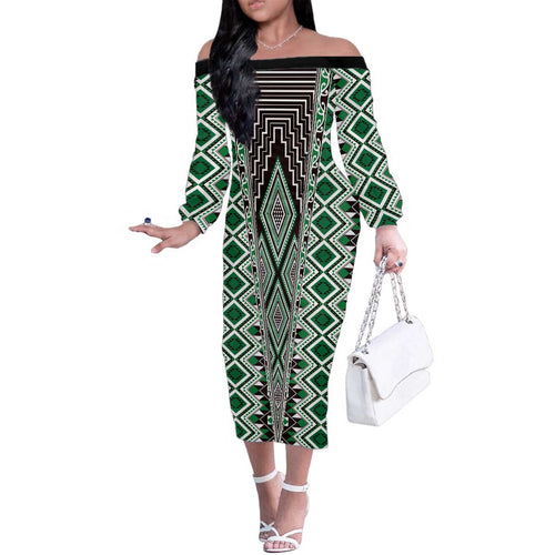 Green Aotearoa Tukutuku and Poutama Motif Family Matching Off The Shoulder Long Sleeve Dress and Hawaiian Shirt