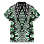 Green Aotearoa Tukutuku and Poutama Motif Family Matching Off Shoulder Maxi Dress and Hawaiian Shirt